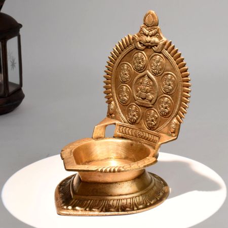 Traditional Brass Ashtalakshmi Diya Home Temple Oil Lamp