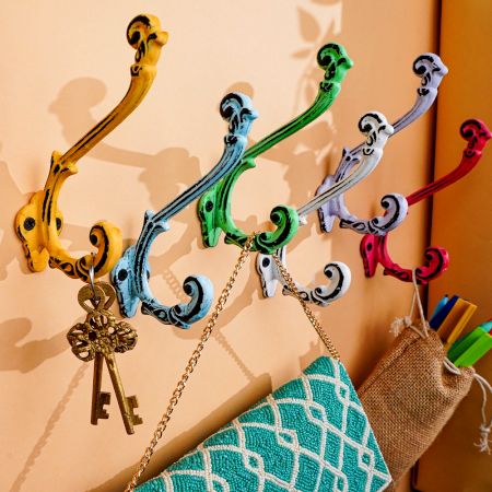 6 Pieces Multicolor Double Prong Iron Decorative Wall Hooks