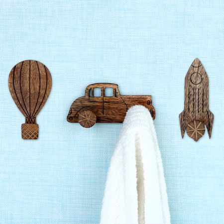 Wooden Adhesive Hot Air Balloon,Car And Rocket Shape Wall Hooks-Pack of 3