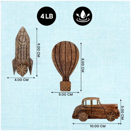 Wooden Adhesive Hot Air Balloon,Car And Rocket Shape Wall Hooks-Pack of 3