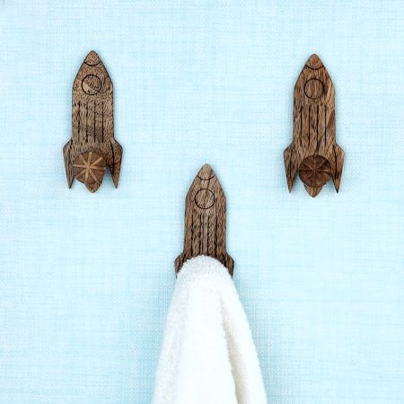 Natural Wooden Adhesive Rocket Shape Coat Wall Hook-Pack of 3