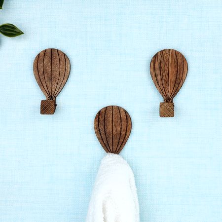 Wooden Adhesive Hot Air Balloon Shape Wall Hooks-3 Pieces