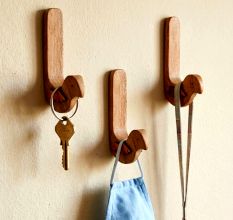 Natural Bird Shape Wooden Adheshive Wall Hook-Pack of 1