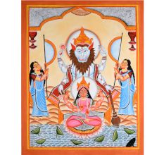 Lord Narasimha with Lakshmi Depicted in Kalighat Folk Art by Artist Sahajan Chitrakar
