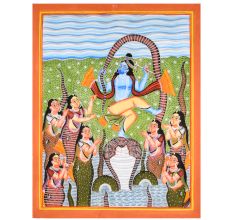 Lord Krishna Dancing on Kaliya Serpent in Traditional Kalighat Art by Artist Sahajan Chitrakar