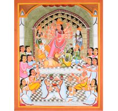 Cloth and Paper Kalighat Painting of Goddess Durga Slaying Mahishasura