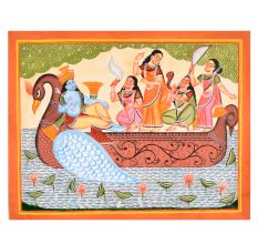 Lord Vishnu in Makara Boat Cloth and Paper Kalighat Painting