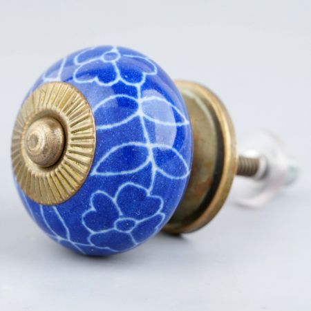 Navy Blue Leaf Floral Ceramic Knob