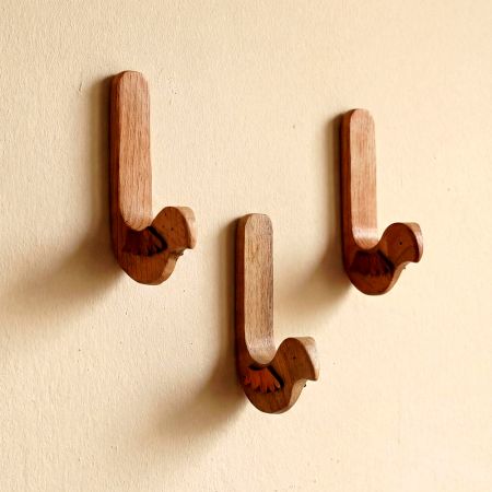 Natural Bird Shape Wooden Adheshive Wall Hook-Pack of 1