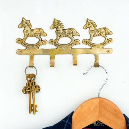 Vintage Brass Rocking Horse Wall Hook Rack | 4-Hook Decorative Key & Towel Holder