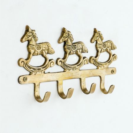 Vintage Brass Rocking Horse Wall Hook Rack | 4-Hook Decorative Key & Towel Holder