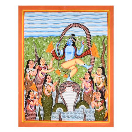 Lord Krishna Dancing on Kaliya Serpent in Traditional Kalighat Art