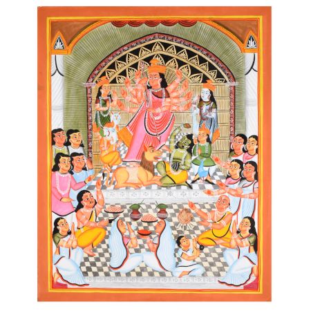 Cloth and Paper Kalighat Painting of Goddess Durga Slaying Mahishasura