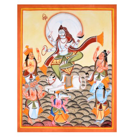 Hand-Painted Kalighat Painting of Lord Shiva with Nandi