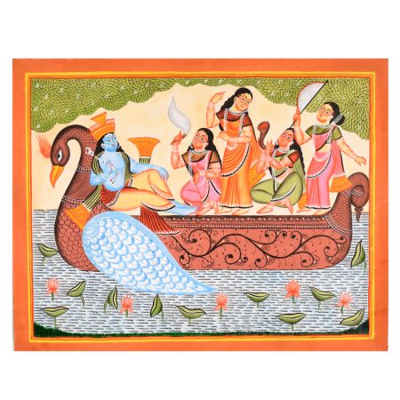 Lord Vishnu in Makara Boat Cloth and Paper Kalighat Painting
