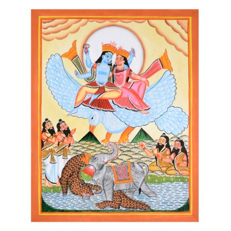 Traditional Cloth Paper Kalighat Painting of Vishnu & Lakshmi on Garuda