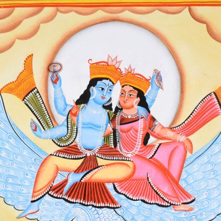 Traditional Cloth Paper Kalighat Painting of Vishnu & Lakshmi on Garuda