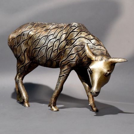 Textured Brass Grazing Cow Handcrafted Sculpture