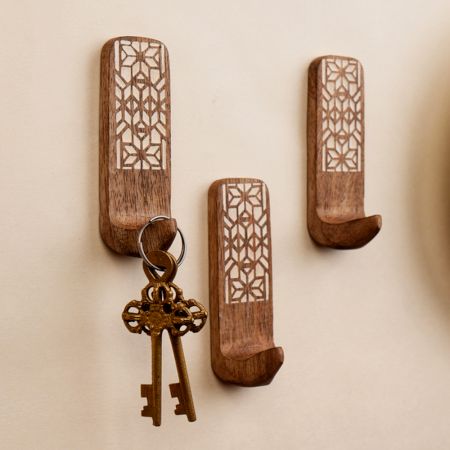 3 Pieces Wooden Handmade Brown And White Adhesive Wall Hooks