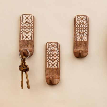 3 Pieces Wooden Handmade Brown And White Adhesive Wall Hooks