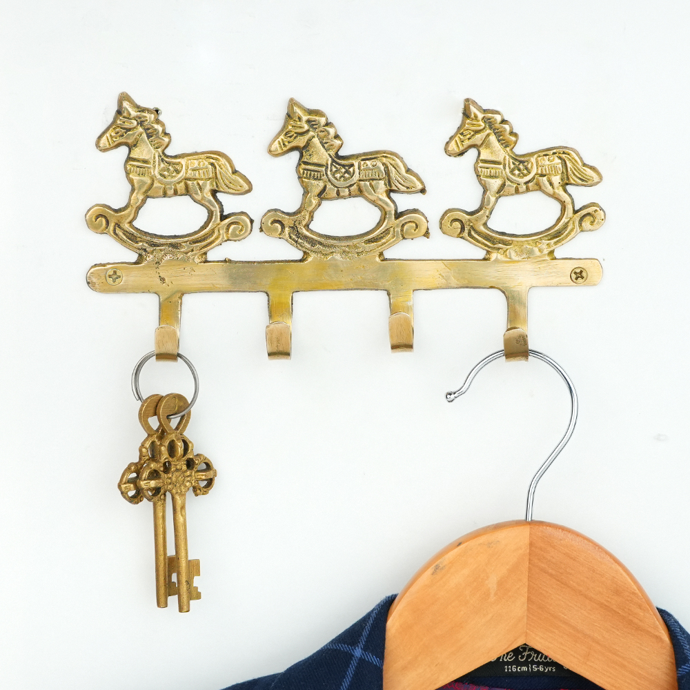 Vintage Brass Rocking Horse Wall Hook Rack | 4-Hook Decorative Key & Towel Holder