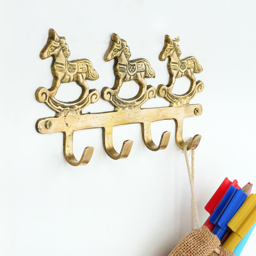 Vintage Brass Rocking Horse Wall Hook Rack | 4-Hook Decorative Key & Towel Holder