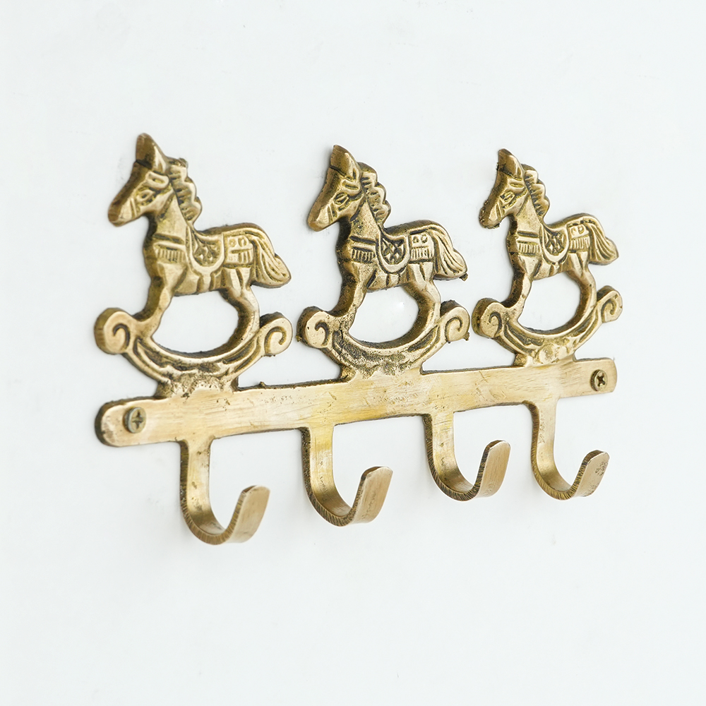 Vintage Brass Rocking Horse Wall Hook Rack | 4-Hook Decorative Key & Towel Holder