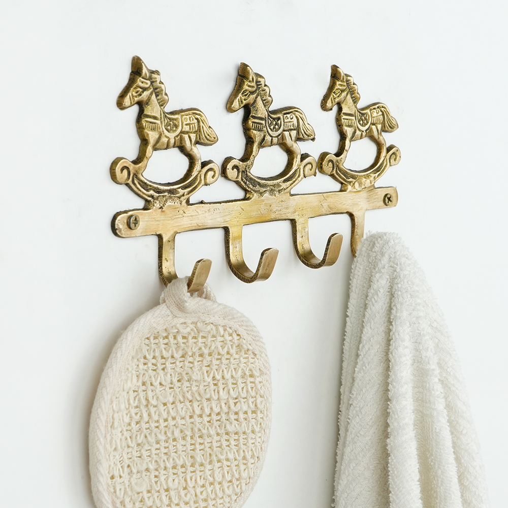 Vintage Brass Rocking Horse Wall Hook Rack | 4-Hook Decorative Key & Towel Holder