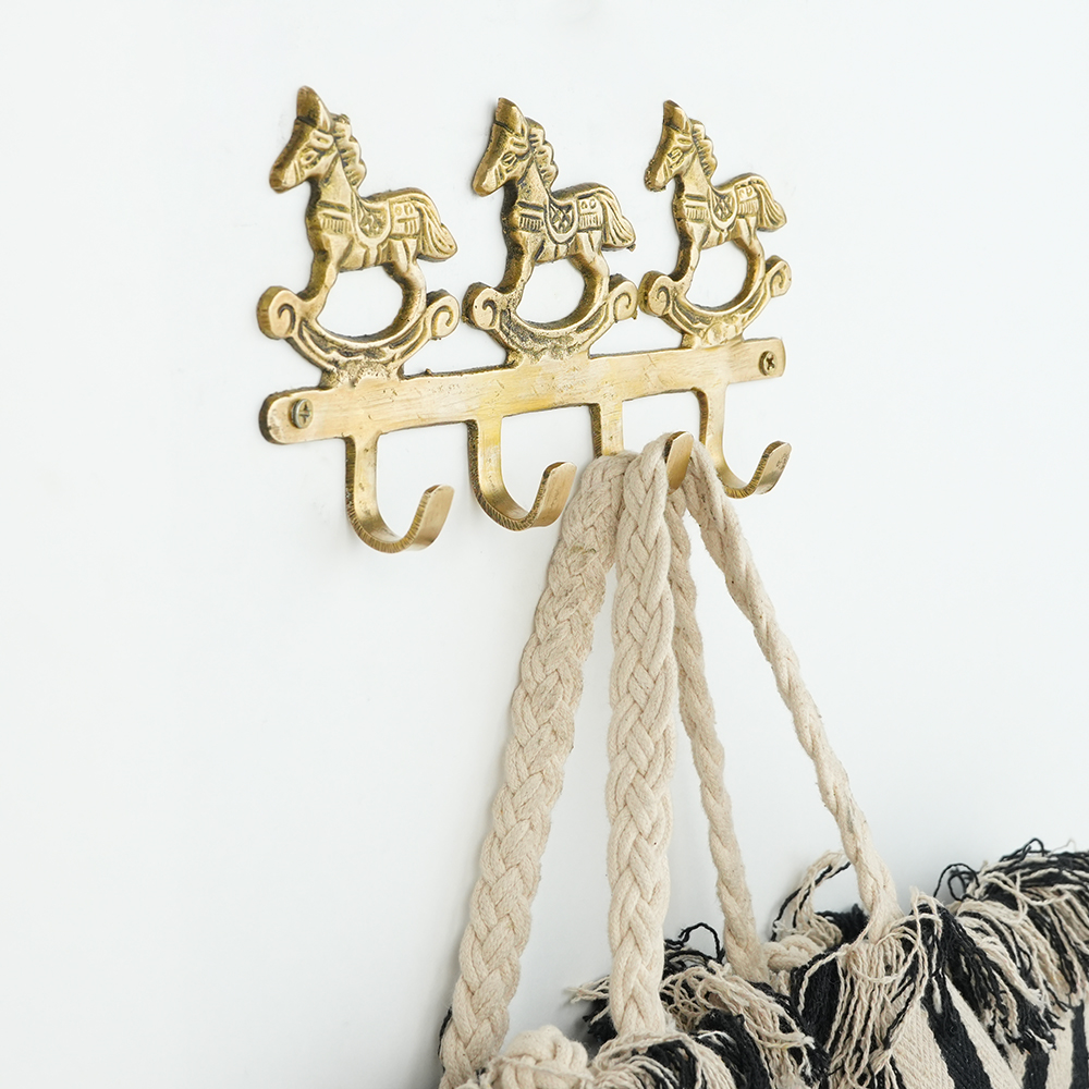 Vintage Brass Rocking Horse Wall Hook Rack | 4-Hook Decorative Key & Towel Holder