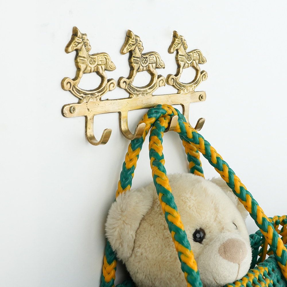 Vintage Brass Rocking Horse Wall Hook Rack | 4-Hook Decorative Key & Towel Holder