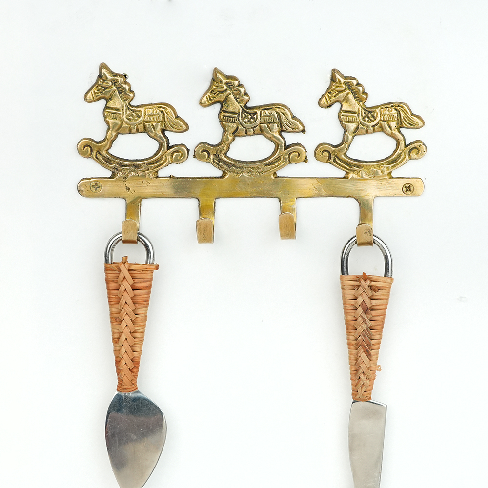 Vintage Brass Rocking Horse Wall Hook Rack | 4-Hook Decorative Key & Towel Holder