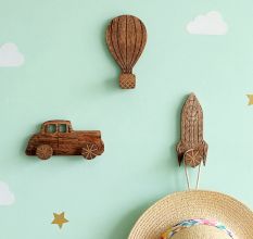 Wooden Adhesive Hot Air Balloon,Car And Rocket Shape Wall Hooks-Pack of 3