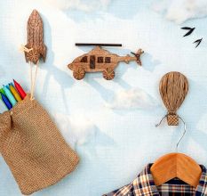 Handmade Adhesive Wooden Wall Hook Set – Rocket, Helicopter & Hot Air Balloon-3 Pieces