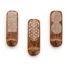 3 Pieces Designer Wooden Adhesive Wall Hooks With Geometric Patterns