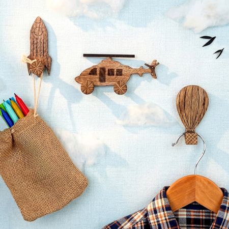 Handmade Adhesive Wooden Wall Hook Set – Rocket, Helicopter & Hot Air Balloon-3 Pieces