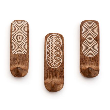 3 Pieces Designer Wooden Adhesive Wall Hooks With Geometric Patterns