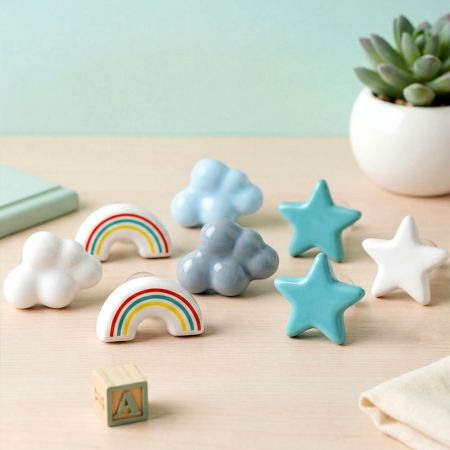 Multicolor Decorative Ceramic Star Cloud and Rainbow Shapes Cabinet Knobs-8 Pieces