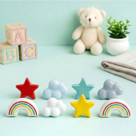 Multicolor Kids Theme Star,Cloud and Rainbow Ceramic Drawer Knobs