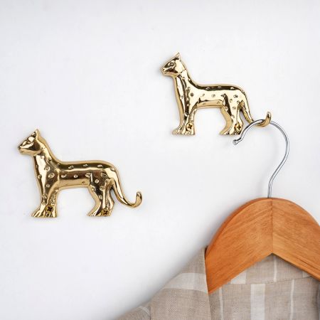 2 Pieces Decorative Handmade Golden Leopard Design Brass Wall Hook