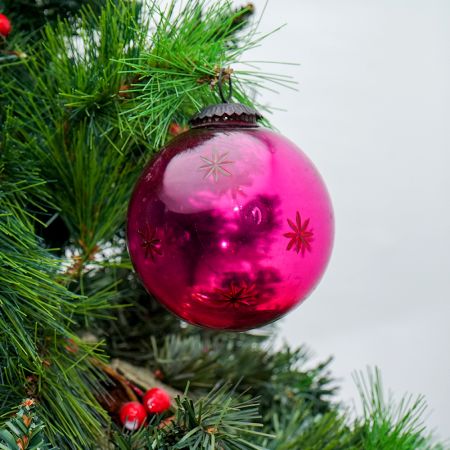 Round Vintage Pink Glass With Star Design Christmas Ornament