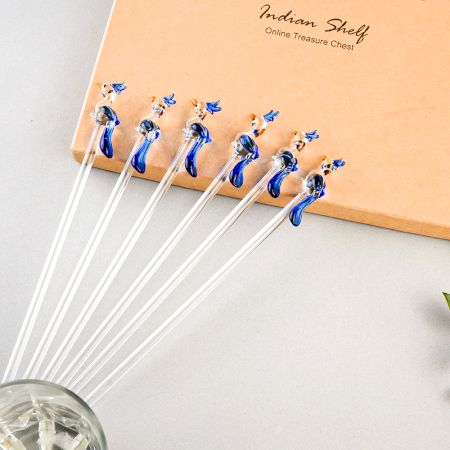 6 Pieces Cut Clear Blue Peacock Stirrer Glass Swizzle Sticks for Cocktail Party
