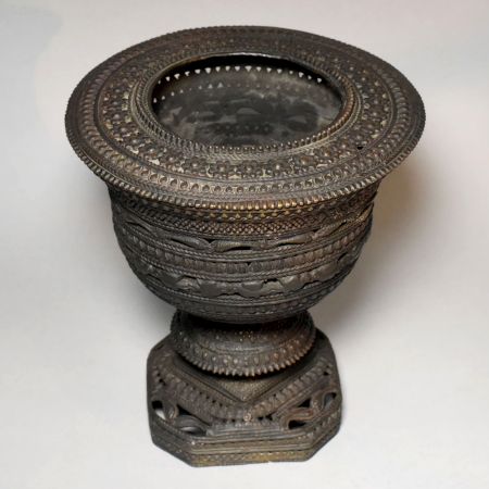 Antique Brass Engraved Pedestal Ritual Vessel Bowl