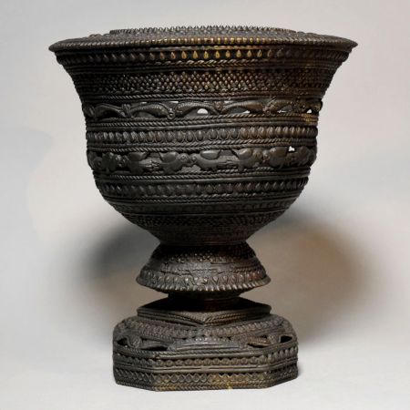Antique Brass Engraved Pedestal Ritual Vessel Bowl