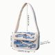 Handmade Beaded Shoulder Bag White & Blue Fish Pattern with Embroidery Detailing