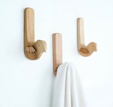 Natural Bird Shape Wooden Adheshive Wall Hook-Pack of 1