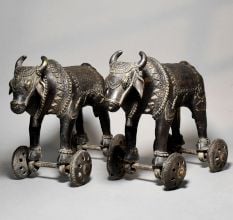 Vintage Brass Ox Cart Toy with Rolling Wheels