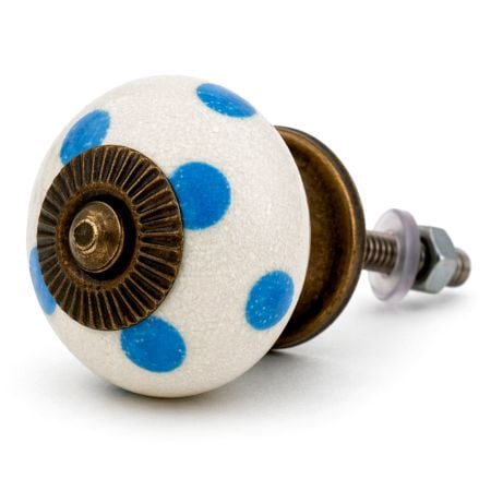 White Blue Polka Dots Ceramic Drawer Knob