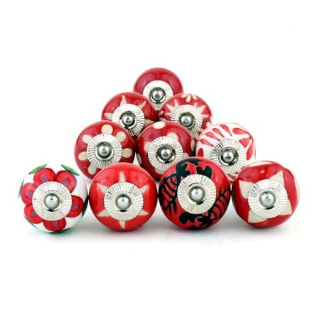 10 Pieces Red Ceramic Round Living Room Cupboard Knobs