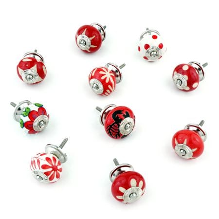 10 Pieces Red Ceramic Round Living Room Cupboard Knobs