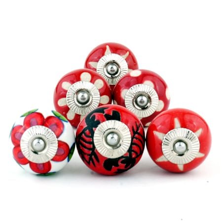 6 Pieces Red Ceramic Round Living Room Cupboard Knobs